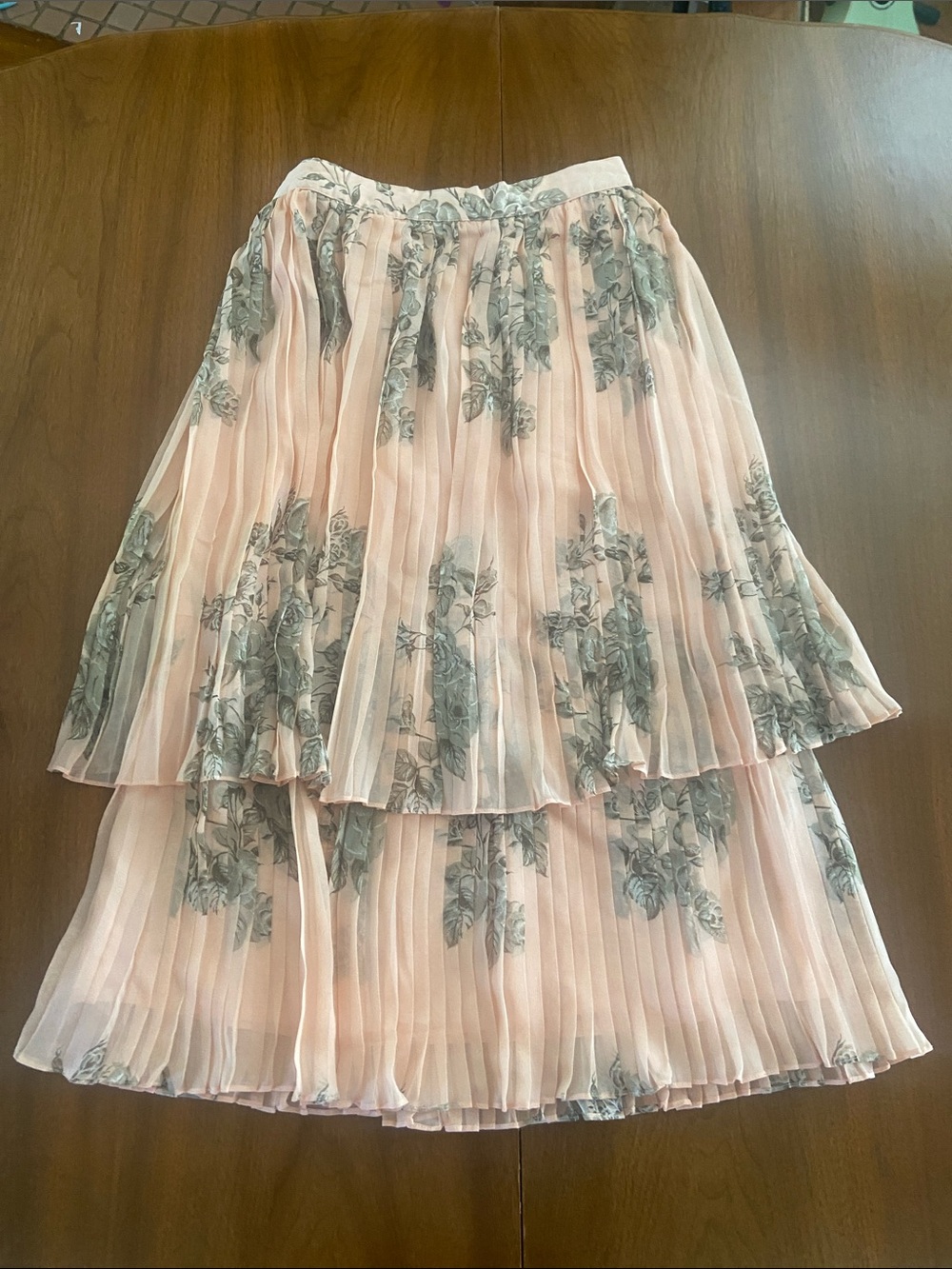 Vintage Silk Pleated Pink Floral Tiered Midi Skirt Romantic Fairycore XS